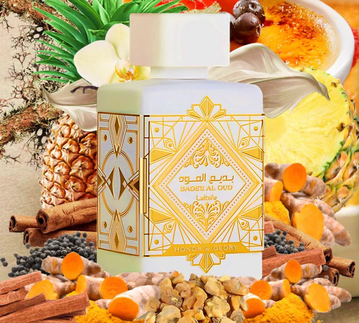 Lattafa Badee al Oud Honor & Glory Eau de Parfum para Mujer - Exquisita Brulee de Piña con Elegancia Distinta y Armonía Estimulante - Fragancia Tropical de Mujeres Elegantes