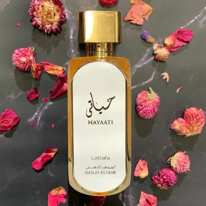 Lattafa Hayaati Gold Elixir Eau de Parfum para mujer – dulce, oriental, cálido y elegante
