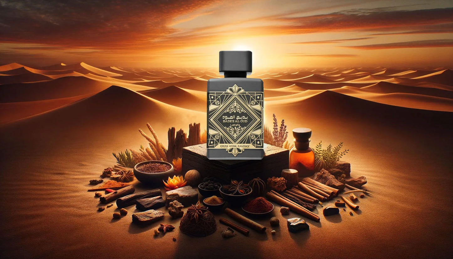 Badee Al Oud Oud For Glory Perfume para Hombre - Lattafa, amaderada oriental Fresca y especiada.