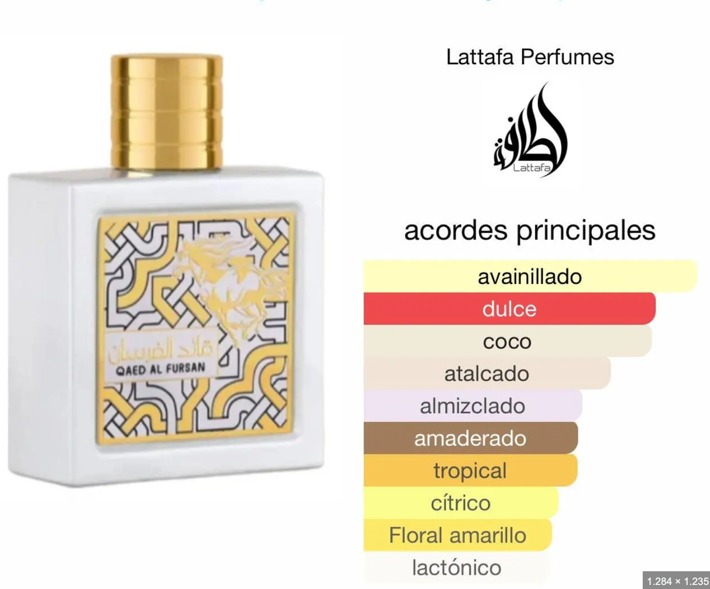 Qaed al Fursan Eau de Parfum para Mujer - Lattafa. Fragancia dulce, afrutada y amaderada.