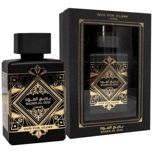 Badee Al Oud Oud For Glory Perfume para Hombre - Lattafa, amaderada oriental Fresca y especiada.